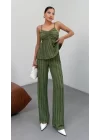 Kadın Haki Dokulu Askılı Üst Ve Bol Paça Pantolon 2’li Takım