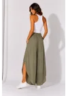 Kadın Haki Keten Yırtmaçlı Kruvaze Bohem Pinterest Geniş Paça Etek Pantolon