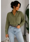 Kadın Haki Pamuklu Keten Tek Cepli Bohem Pinterest Oversize Gömlek