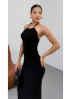 Kadın Halter Yaka Sırt Dekolteli Sandy Kumaş Maxi Boy Elbise