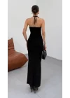 Kadın Halter Yaka Sırt Dekolteli Sandy Kumaş Maxi Boy Elbise