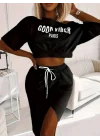 Kadın Iki Iplik Kumaş Alt Etek üst Baskı Detaylı Crop Ikili Takım