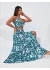 Kadın Ince Askılı çiçek Baskı Desenli Crop Yırtmaçlı Etek Ikili Süprem Takım