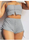 Kadın Ip Askılı Crop Bluz Ve Yanlardan Büzgülü Ikili Kaşkorse Short Takım