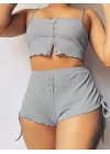 Kadın Ip Askılı Crop Bluz Ve Yanlardan Büzgülü Ikili Kaşkorse Short Takım