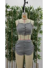 Kadın Ip Askılı Crop Bluz Ve Yanlardan Büzgülü Ikili Kaşkorse Short Takım