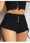 Kadın Ip Askılı Crop Bluz Ve Yanlardan Büzgülü Ikili Kaşkorse Short Takım