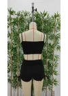 Kadın Ip Askılı Crop Bluz Ve Yanlardan Büzgülü Ikili Kaşkorse Short Takım