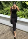 Kadın Ip Askılı Yuvarlak Yakalı Yırtmaçlı Midi Kaşkorse Elbise