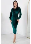 Kadın Kadife Kumaş Manşetli V Yaka Şık Kalem Elbise