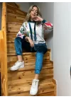 Kadın Kadife Kumaş Uzun Kollu Kapüşon Detay çiçek Baskılı Sweat Ve Pantolon Ikili Takım