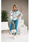Kadın Kadife Kumaş Uzun Kollu Kapüşon Detay çiçek Baskılı Sweat Ve Pantolon Ikili Takım
