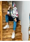 Kadın Kadife Kumaş Uzun Kollu Kapüşon Detay çiçek Baskılı Sweat Ve Pantolon Ikili Takım