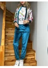 Kadın Kadife Kumaş Uzun Kollu Kapüşon Detay çiçek Baskılı Sweat Ve Pantolon Ikili Takım