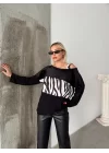 Kadın Kadife Kumaş Zebra Desenli Omuz Detay Uzun Kollu Bluz