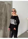 Kadın Kadife Kumaş Zebra Desenli Omuz Detay Uzun Kollu Bluz