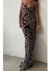 Kadın Kadın Ip Askılı Dökümlü Yaka Zebra Desen Maxi Boy Elbise