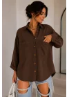 Kadın Kahverengi Pamuklu Keten Çift Cepli Ahşap Düğme Pinterest Oversize Gömlek