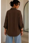 Kadın Kahverengi Pamuklu Keten Çift Cepli Ahşap Düğme Pinterest Oversize Gömlek