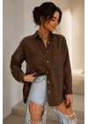 Kadın Kahverengi Pamuklu Keten Çift Cepli Ahşap Düğme Pinterest Oversize Gömlek