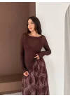 Kadın Kahverengi Transparan Kayık Yaka Kaşmir Hafif Bluz