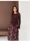 Kadın Kahverengi Transparan Kayık Yaka Kaşmir Hafif Bluz