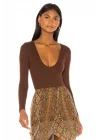 Kadın Acı Kahve Çift Katlı Sandy Derin U Yaka Uzun Kol Çıtçıtlı Tanga Bodysuit