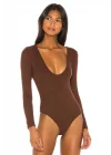 Kadın Acı Kahve Çift Katlı Sandy Derin U Yaka Uzun Kol Çıtçıtlı Tanga Bodysuit