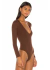 Kadın Acı Kahve Çift Katlı Sandy Derin U Yaka Uzun Kol Çıtçıtlı Tanga Bodysuit