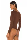 Kadın Acı Kahve Çift Katlı Sandy Derin U Yaka Uzun Kol Çıtçıtlı Tanga Bodysuit