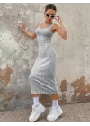 Kadın Kalın Askılı Kare Yaka Fitilli Kaşkorse Midi Boy Elbise