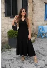 Kadın Kalın Askılı V Yaka Yırtmaç Detay Viskon Elbise