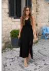 Kadın Kalın Askılı V Yaka Yırtmaç Detay Viskon Elbise