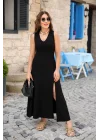 Kadın Kalın Askılı V Yaka Yırtmaç Detay Viskon Elbise
