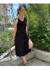 Kadın Kalın Askılı V Yaka Yırtmaç Detay Viskon Elbise