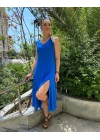 Kadın Kalın Askılı V Yaka Yırtmaç Detay Viskon Elbise