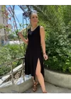 Kadın Kalın Askılı V Yaka Yırtmaç Detay Viskon Elbise