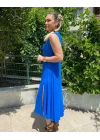 Kadın Kalın Askılı V Yaka Yırtmaç Detay Viskon Elbise