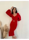 Kadın Kalp Yaka Sırt Dekolteli Kemer Toka Detay Midi Boy Elbise