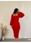 Kadın Kalp Yaka Sırt Dekolteli Kemer Toka Detay Midi Boy Elbise