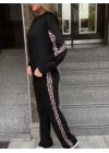 Kadın Kapüşonlu Leopar Detay Sweat Ve Yüksek Bel Yanları Leopar şeritli Bol Paça Pantolon Ikili Takım