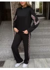 Kadın Kapüşonlu Leopar Detay Sweat Ve Yüksek Bel Yanları Leopar şeritli Bol Paça Pantolon Ikili Takım