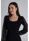 Kadın Kare Yaka Kolları Tül Sandy Kumaş Fırsat ürün Mini Siyah Elbise