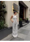Kadın Kaşkorse Kumaş Atlet Ve Yüksek Bel Bol Paça Pantolon Ikili Takım