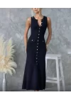 Kadın Kaşkorse Kumaş Düğme Detaylı Kolsuz Maxi Boy Elbise
