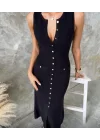 Kadın Kaşkorse Kumaş Düğme Detaylı Kolsuz Maxi Boy Elbise