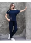 Kadın Kayık Yaka Baskı Detay Salaş Bluz Ve Yüksek Bel Pantolon Ikili Takım