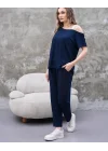 Kadın Kayık Yaka Baskı Detay Salaş Bluz Ve Yüksek Bel Pantolon Ikili Takım