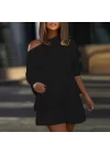 Kadın Kayık Yaka Oversize Asimetrik Bluz Ve şort Iki Iplik Takım