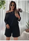 Kadın Kayık Yaka Oversize Asimetrik Bluz Ve şort Iki Iplik Takım